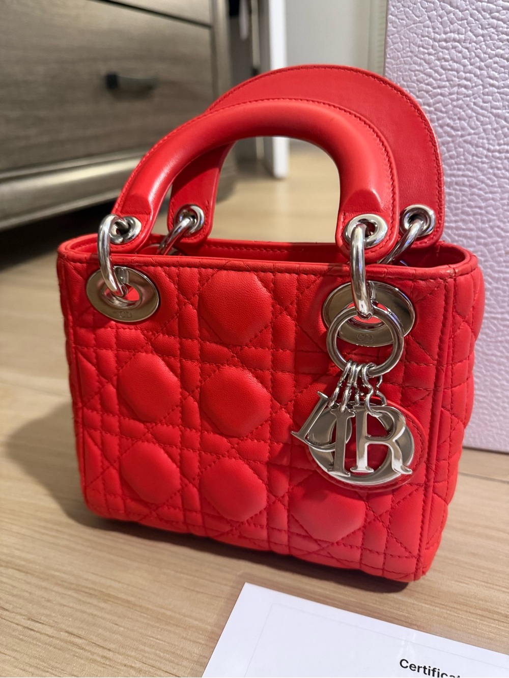 Dior Red Quilted Lady Mini Tote with Silver Hardware - Picture 2 of 13